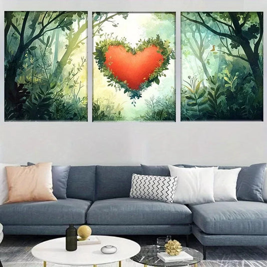 3pcs  Nature Lush Forest Heart-Shaped Foliage  Wall Art Set Canvas Framed 40x60cm - High Quality Print 100% Australian Made Wall Canvas Ready to Hang
