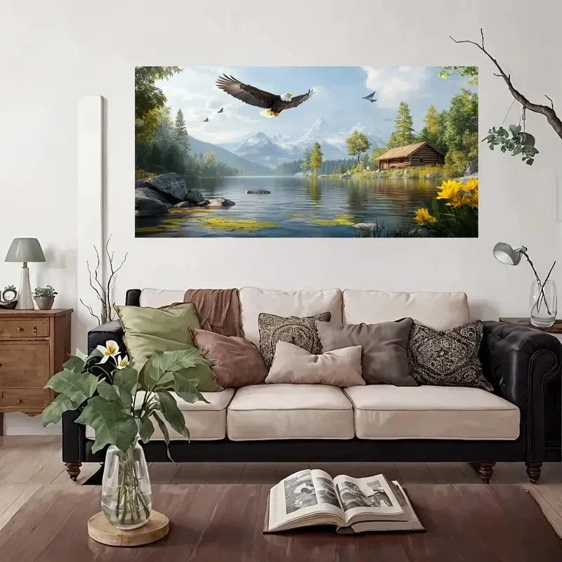 Eagle Soaring Mountain Lake Wall Art Canvas Office Home Room Framed 120x60cm