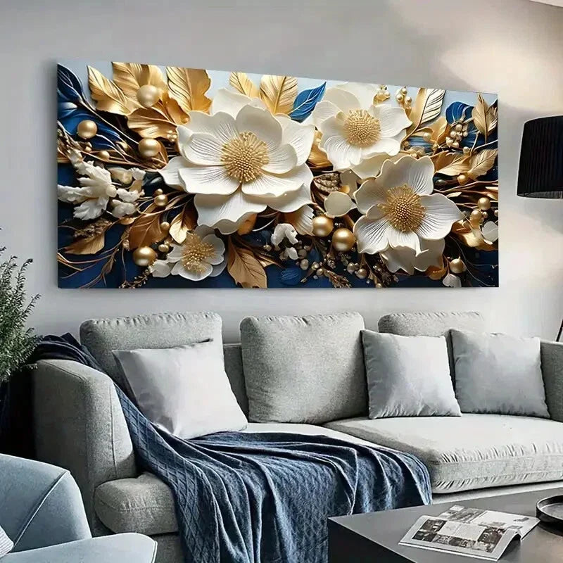 Elegant Floral Design Golden Wall Art Canvas Office Home Room Framed 80x45cm
