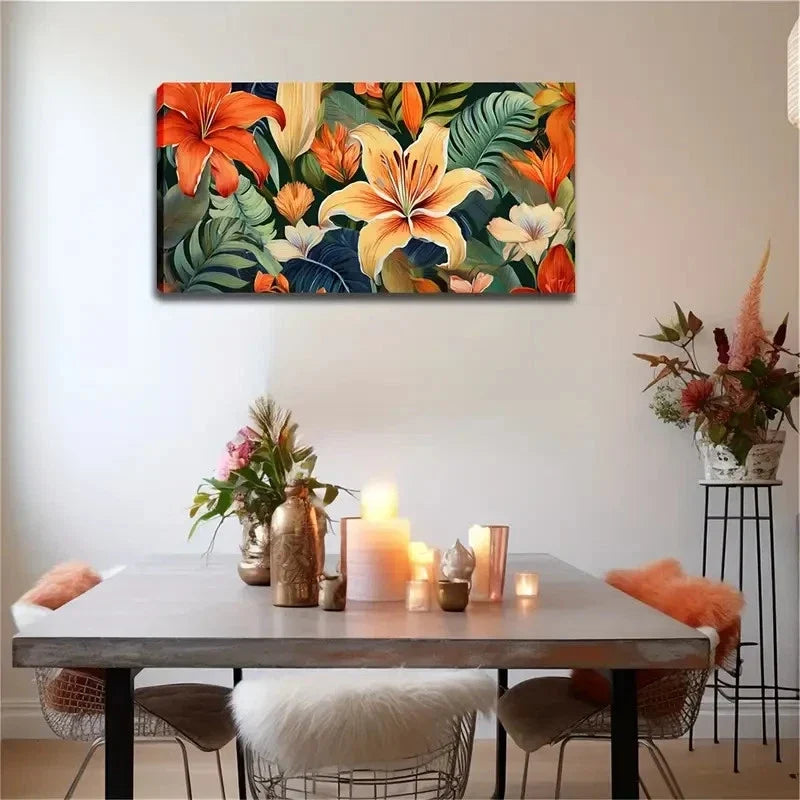 Vibrant Green & Orange Floral Wall Art Canvas Office Home Room Framed 120x60cm