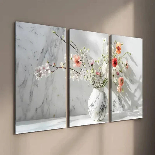 3pcs Botanical Floral Marble Vase Wall Art Set Canvas Framed 40x60cm - High Quality Print 100% Australian Made Wall Canvas Ready to Hang