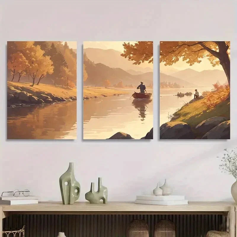 3pcs Tranquil Autumn River with Fishermen Metal Print Ready to Hang Art