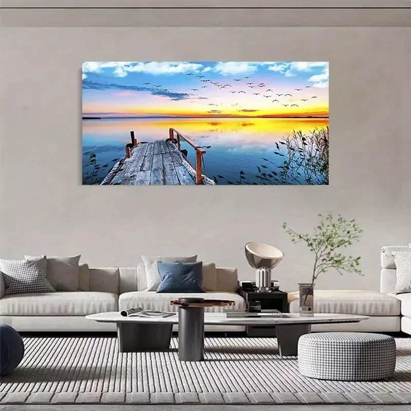 Sunset Lakeside Dock Wild Wall Art Canvas Office Home Room Framed 120x60cm