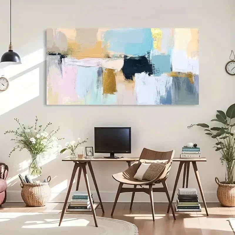 Teal Pink Yellow & Black Design Wall Art Canvas Office Home Room Framed 80x45cm