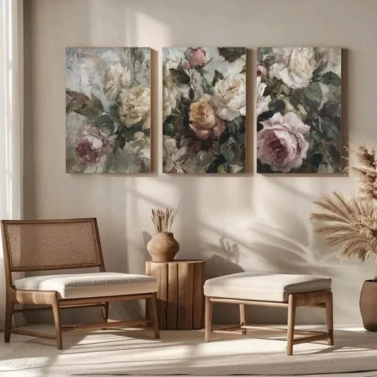 3pcs Antique Rose Vintage Floral Metal Print Ready to Hang Art