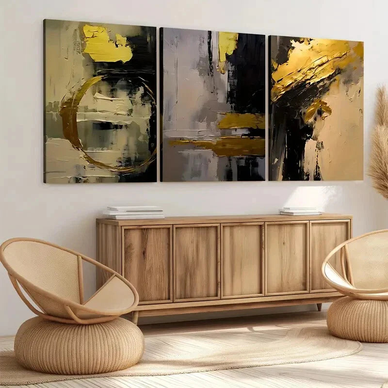 3pcs Golden and Black Abstract Oil Painting Wall Art Set Canvas Framed 40x60cm - High Quality Print 100% Australian Made Wall Canvas Ready to Hang