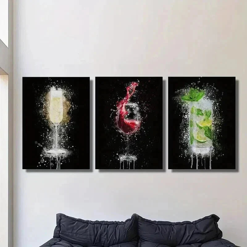 3pcs Champagne Glass on Black Background Wall Art Set Canvas Framed 40x60cm - High Quality Print 100% Australian Made Wall Canvas Ready to Hang