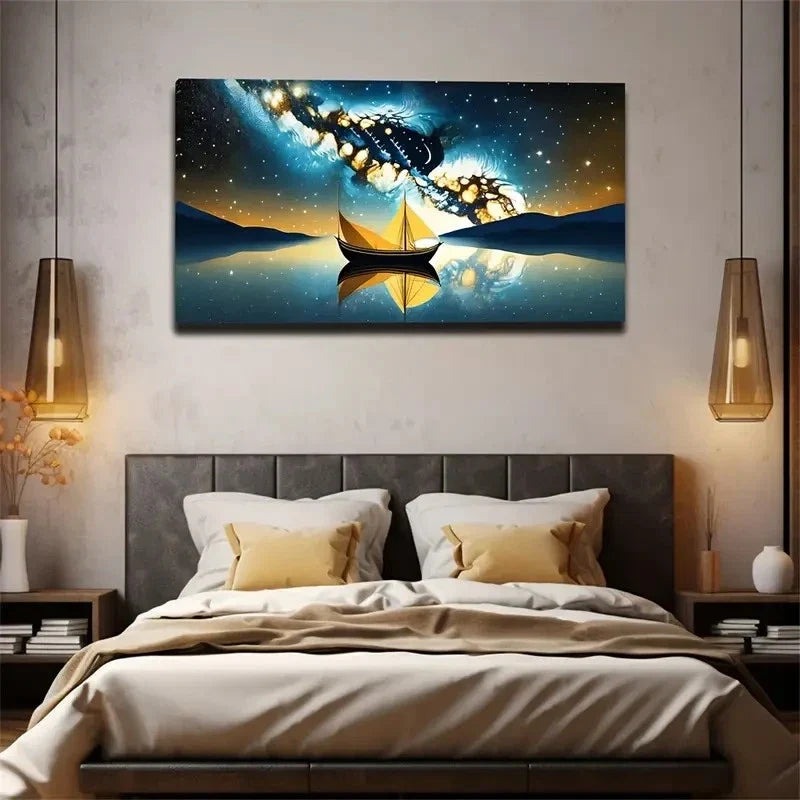 Magic Sky A Small Boat Wall Art Canvas Office Home Room Framed 80x45cm