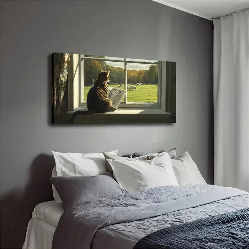 Abstract Tabby Cat Reading Wall Art Canvas Office Home Room Framed 120x60cm