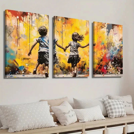 3pcs Boy And Girl Running on a Street Wall Art Set Canvas Framed 40x60cm - High Quality Print 100% Australian Made Wall Canvas Ready to Hang
