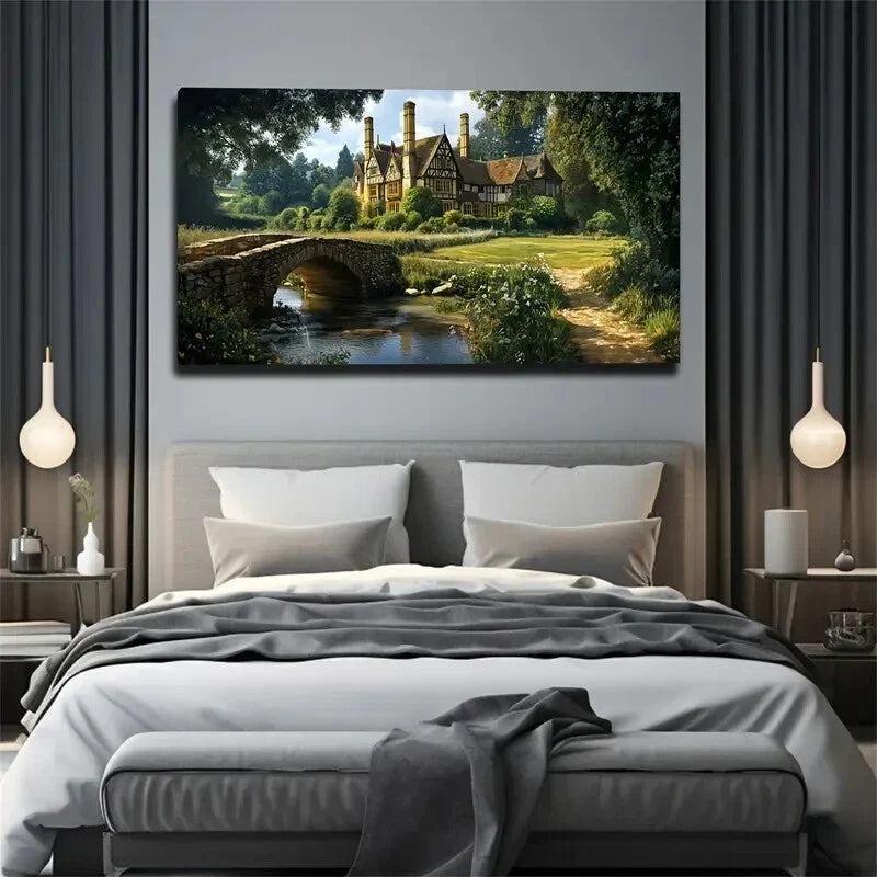 English Countryside Manor Stone Wall Art Canvas Office Home Room Framed 120x60cm