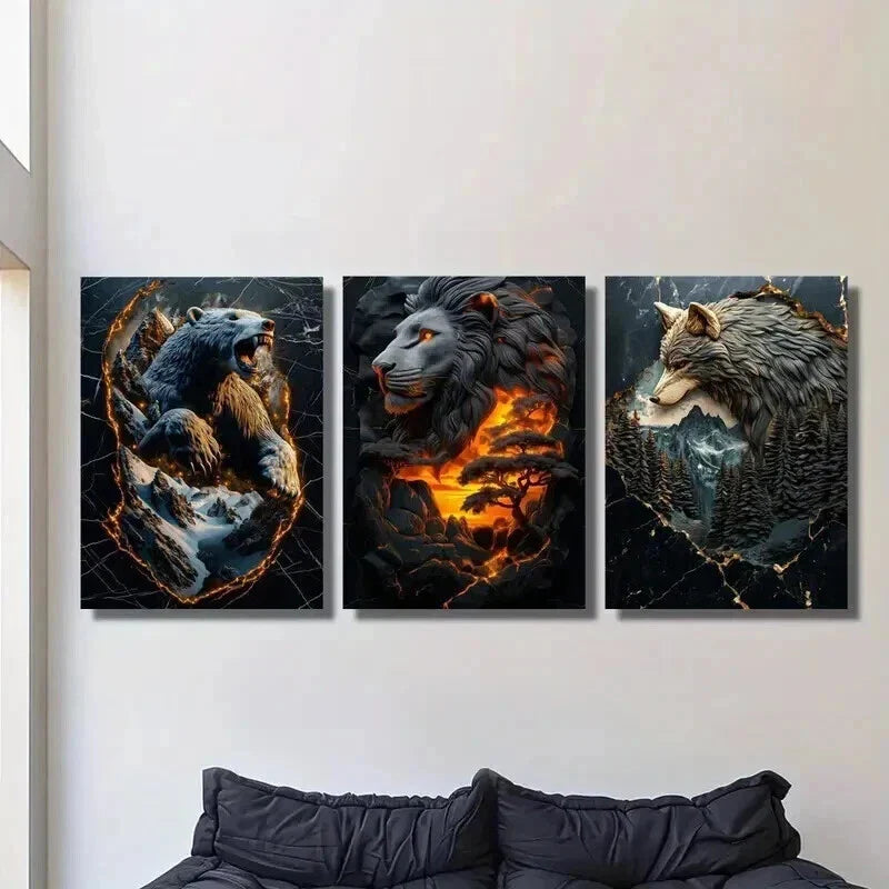 3pcs Statues of Lion Bear and Wolf Wall Art Set Canvas Framed 40x60cm - High Quality Print 100% Australian Made Wall Canvas Ready to Hang