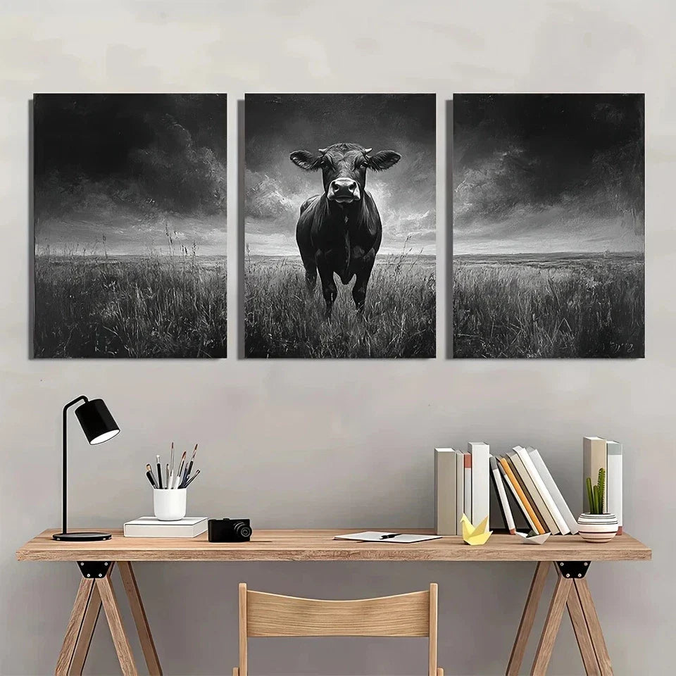 3pcs Black and White Land Cow Vintage Metal Print Ready to Hang Art