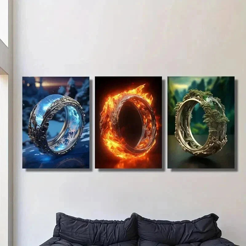 3pcs Fantasy Magic Rings Decoration Wall Art Set Canvas Framed 40x60cm - High Quality Print 100% Australian Made Wall Canvas Ready to Hang