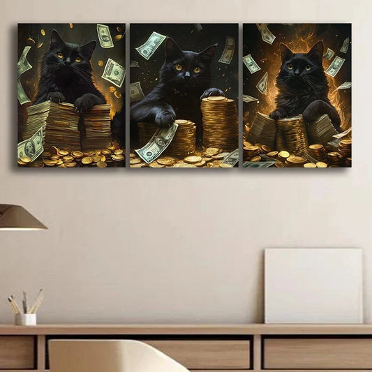 3pcs Black Cat Surrounded By Stacks Of Cash Metal Print Ready to Hang Art