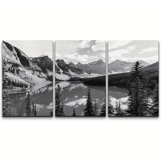 3pcs Black & White Mountain & Lake Scene Nature Metal Print Ready to Hang Art