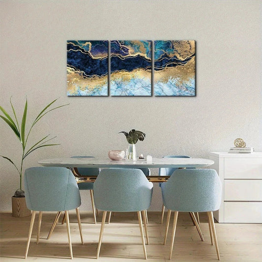 3pcs Teal Golden and White Marble Metal Print Ready to Hang Art