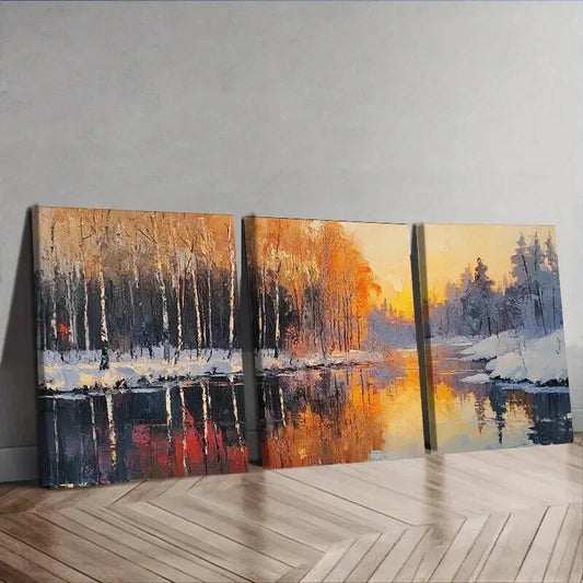 3pcs Winter Forest Sun Shine Colorful Perfect Wall Art Set Canvas Framed 40x60cm - High Quality Print 100% Australian Made Wall Canvas Ready to Hang