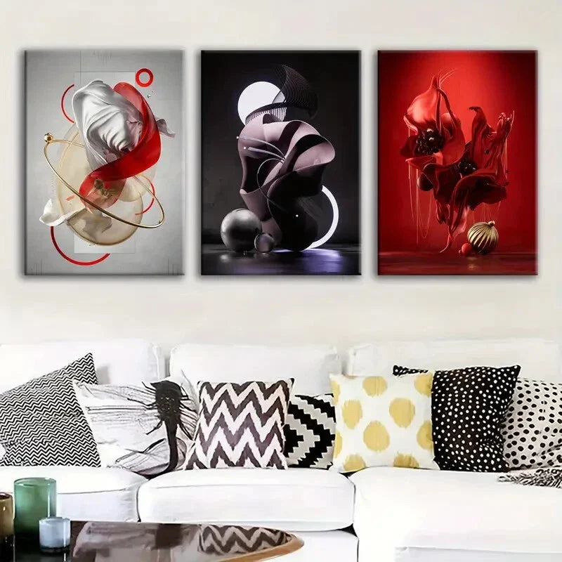 3pcs Modern Abstract Art Red & Gold Black White Wall Art Set Canvas Framed 40x60cm - High Quality Print 100% Australian Made Wall Canvas Ready to Hang