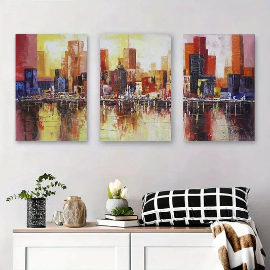3pcs Vibrant Urban Skyline, Colorful Metal Print Ready to Hang Art