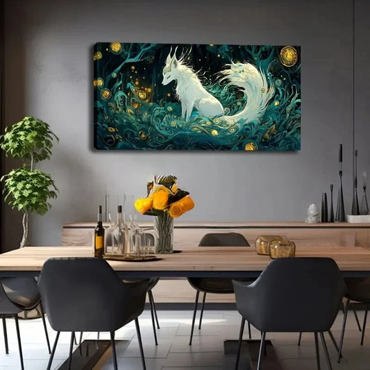 Mythical White Fox Teal Forest Wall Art Canvas Office Home Room Framed 120x60cm