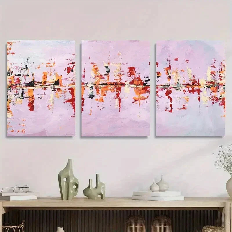 3pcs Abstract Pink and Red Landscape Metal Print Ready to Hang Art