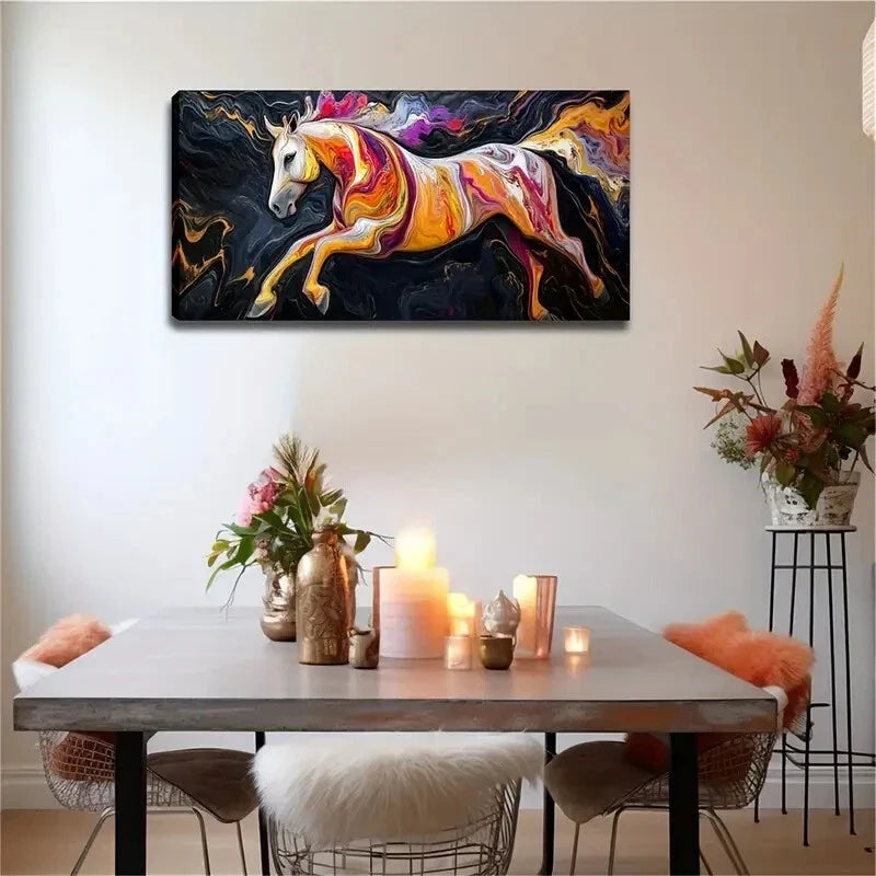 White Horse Running on Black Wall Art Canvas Office Home Room Framed 120x60cm