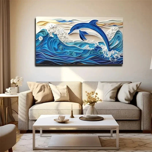 Blue Dolphin Leaping From Waves Wall Art Canvas Office Home Room Framed 120x60cm