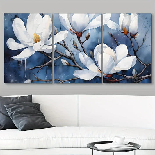 3pcs Blue Flower Painting Magnolia Metal Print Ready to Hang Art
