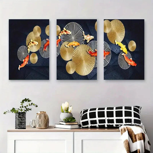 3pcs Elegant Koi Fish Golden & Red Koi Modern Metal Print Ready to Hang Art