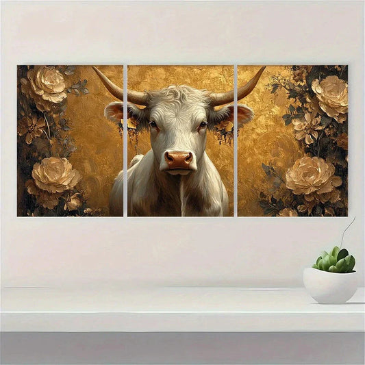 3pcs Vintage Style Cow Golden Metal Print Ready to Hang Art