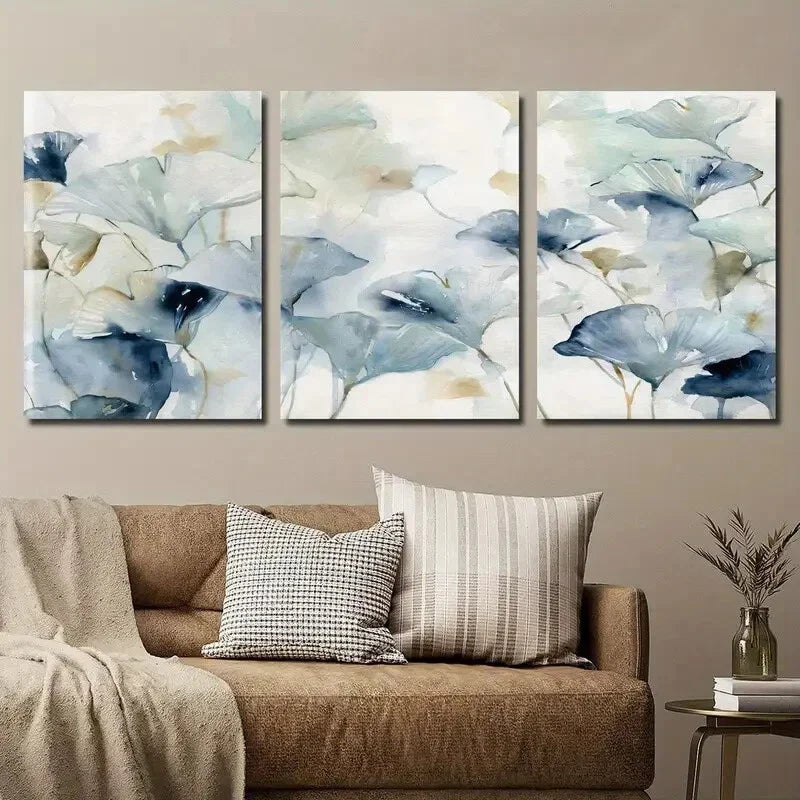 3pcs Modern Indigo Blue & White Botanical Wall Art Set Canvas Framed 40x60cm - High Quality Print 100% Australian Made Wall Canvas Ready to Hang