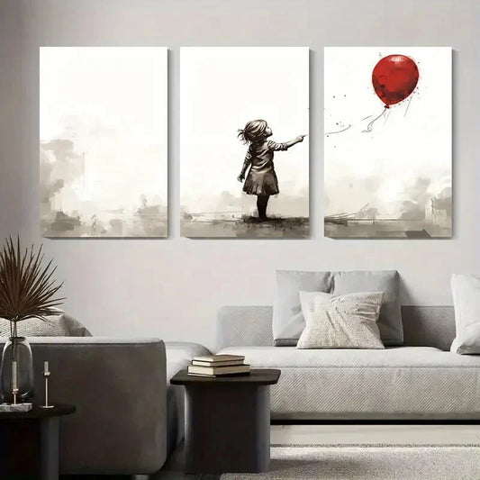 3pcs Black and White Girl with Red Balloon Metal Print Ready to Hang Art