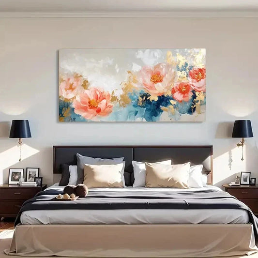 Peonies Abstract Golden Accents Wall Art Canvas Office Home Room Framed 120x60cm