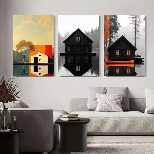 3pcs Modern House and Reflection Black House Metal Print Ready to Hang Art
