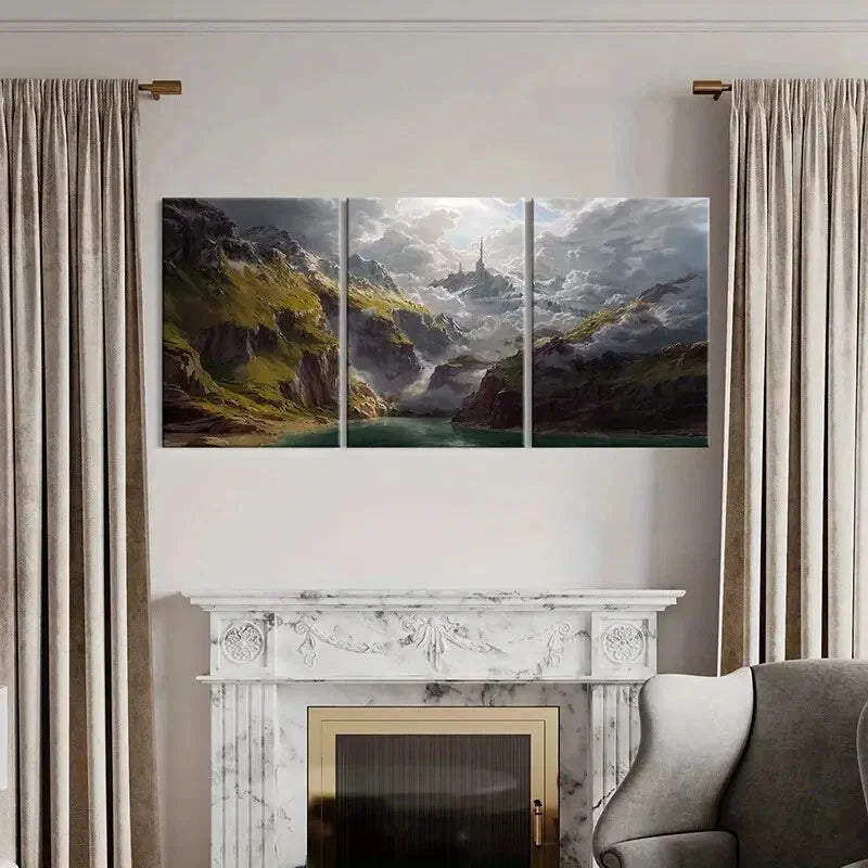 3pcs Fantasy Mountain Valley Scene Wall Art Set Canvas Framed 40x60cm - High Quality Print 100% Australian Made Wall Canvas Ready to Hang