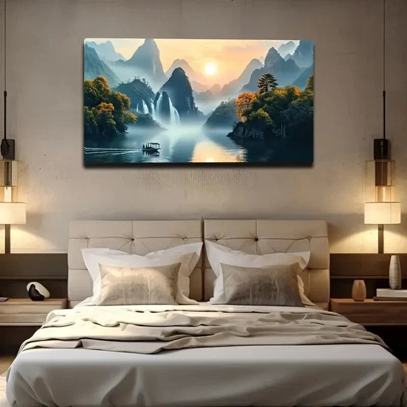 Vibrant Mountain And Waterfall Wall Art Canvas Office Home Room Framed 120x60cm