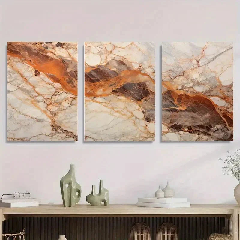3pcs Elegant Golden and Brown Veins Metal Print Ready to Hang Art