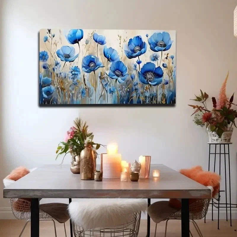 Color Blue Flowers Watercolor Wall Art Canvas Office Home Room Framed 80x45cm