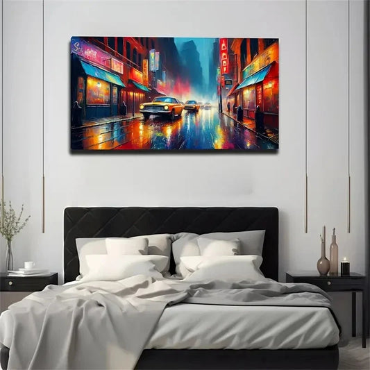 Vibrant City Street Scene Neon Wall Art Canvas Office Home Room Framed 80x45cm