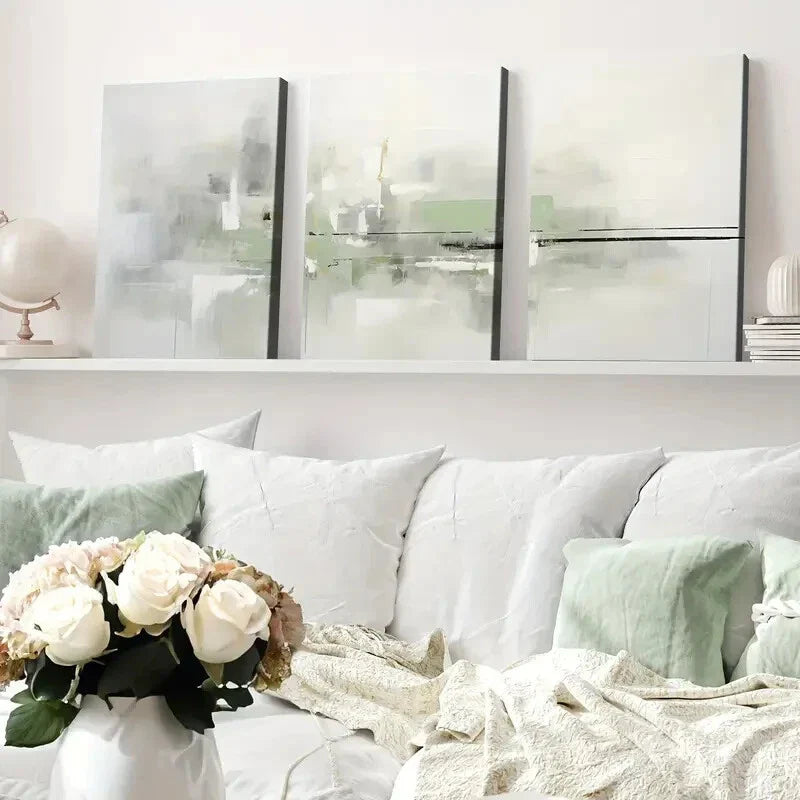 3pcs Abstract Geometric Green and Gray White Wall Art Set Canvas Framed 40x60cm - High Quality Print 100% Australian Made Wall Canvas Ready to Hang