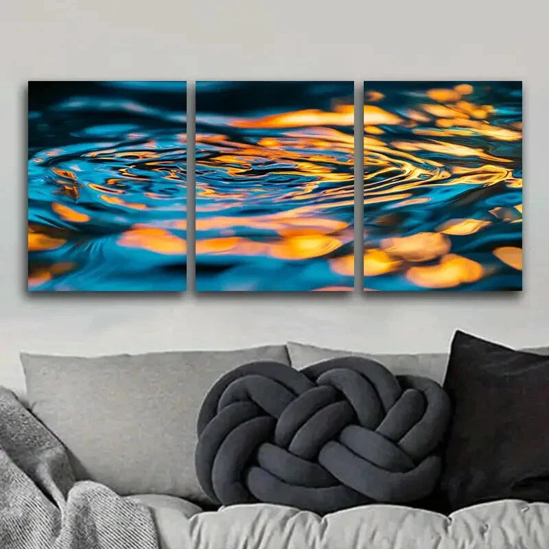3pcs Blue & Orange Water Reflections, Metal Print Ready to Hang Art