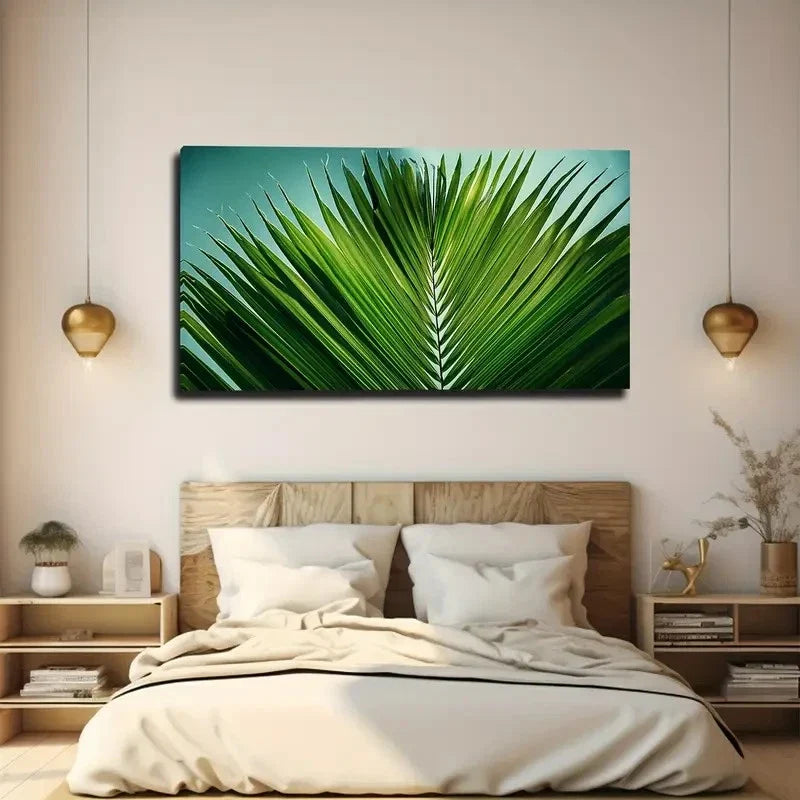 Vibrant Green Palm Leaf Wall Art Canvas Office Home Room Framed 80x45cm