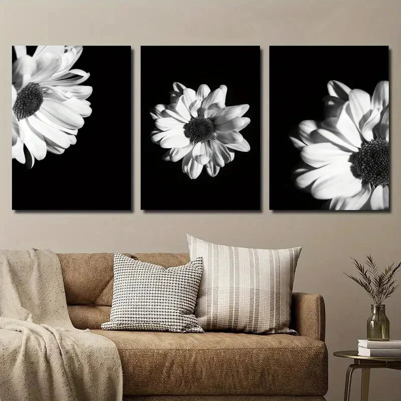 3pcs Elegant Black & White Gerbera Floral Wall Art Set Canvas Framed 40x60cm - High Quality Print 100% Australian Made Wall Canvas Ready to Hang