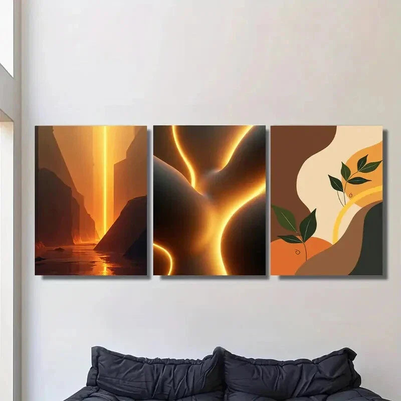 3pcs Vibrant Wall Art Triptych with Fiery Orange Metal Print Ready to Hang Art