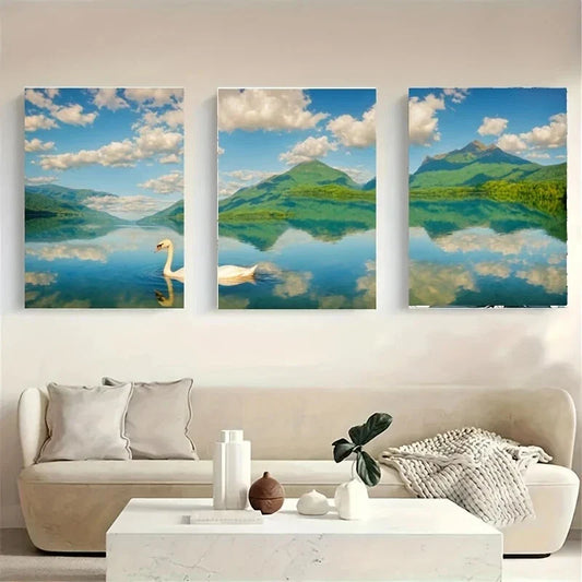 3pcs A White Swan Swimming in a Calm Metal Print Ready to Hang Art