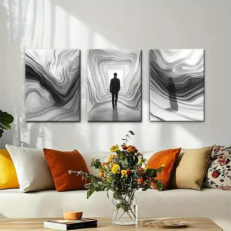 3pcs Abstract Black and White Pathway Perfect Wall Art Set Canvas Framed 40x60cm - High Quality Print 100% Australian Made Wall Canvas Ready to Hang