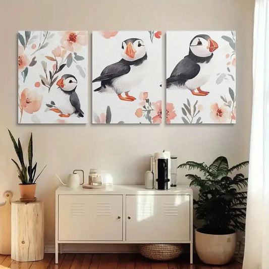 3pcs Sea Parrot Puffin Pattern With Flowers Metal Print Ready to Hang Art