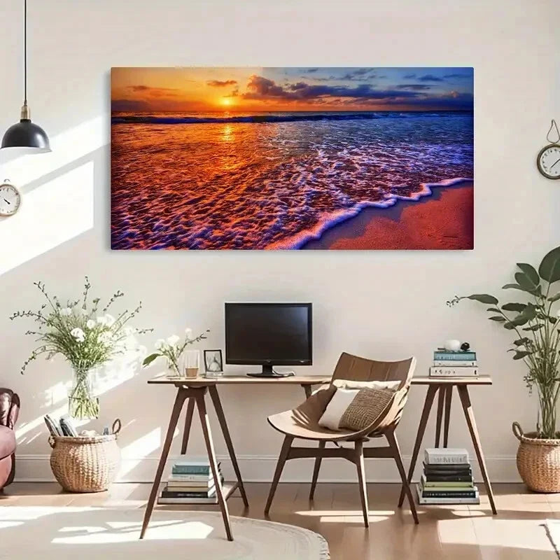 Coastal Bliss Sea Waves Décor Wall Art Canvas Office Home Room Framed 80x45cm