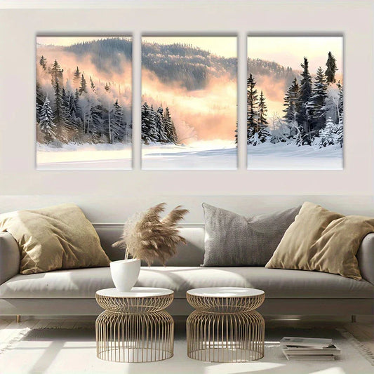 3pcs Snow-Covered Trees and Foggy Lake Scene Metal Print Ready to Hang Art